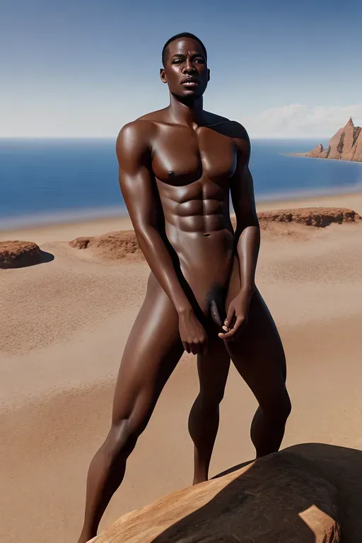a digital painting of nude tall african man,wearing nothing,shooting from a high point,on the beach,five fingers per hand,thick and long veiny penis ,beautiful face,beautiful lips,curved eyebrows,curved eyelid,smooth skin,satisfaction,,,unreal engine,surreal,professional,highly detailed