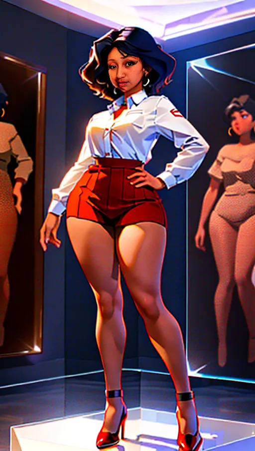A photo with 8k resolution, (((detailed facial features))), ((real body)),((8k resolution photo)), ((see full body)), ((standing imitating the pose of a mannequin)), black hair, very light brown skin tone, big natural breasts, ((real skin)), (((overweight))), ((generous curves)), Latina, thick legs, (high shoes), ((turned into a sex doll)), (((inside a glass cube))), nude, naked, white lighting, ((mouth slightly open))