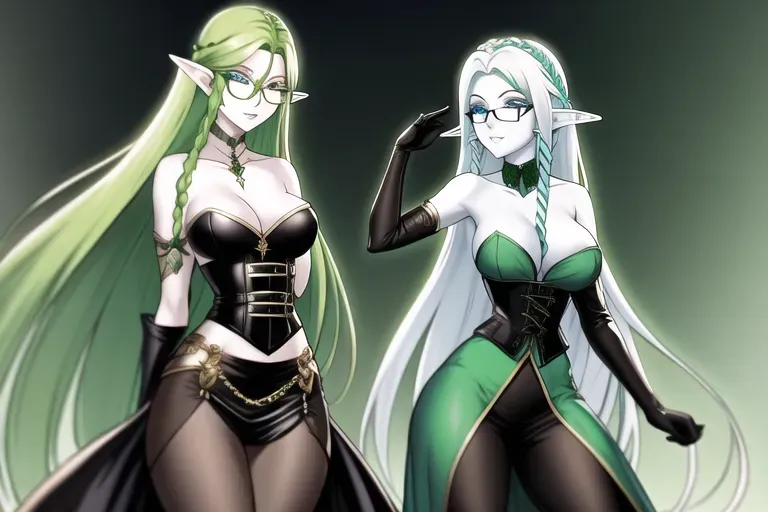 Elf with long green hair wearing round glasses over her blue eyes with pale skin wearing a black leather corset that sits below her breasts, 1girl, medium breasts, braided hair