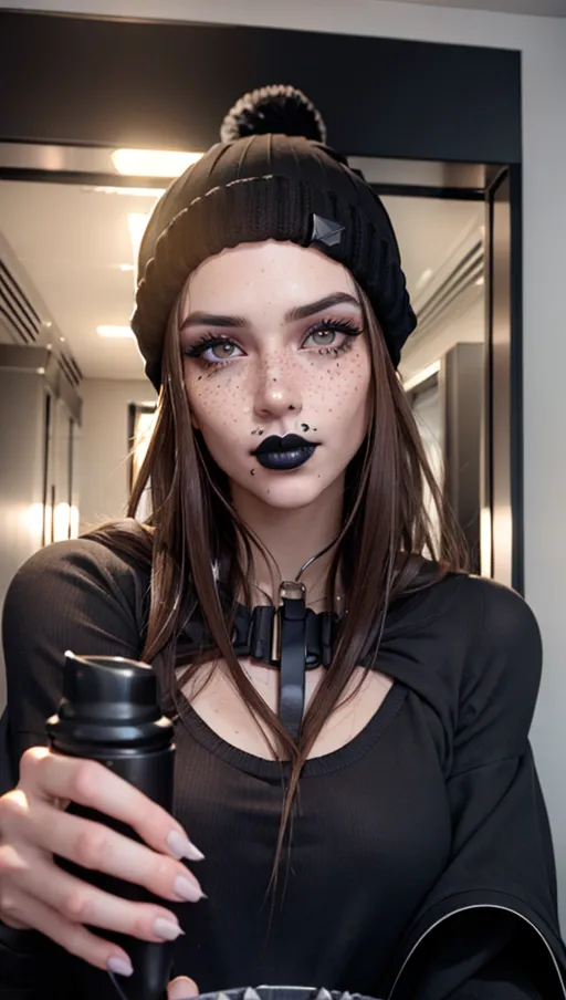 replicate inspiration face, freckles, brown hair, black beanie, black lipstick,