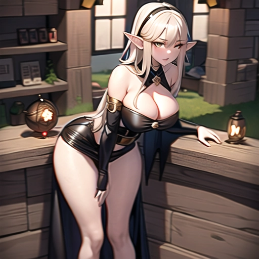 1girl, (((elf ears))), brunette, brown eyes, (((witch))), fantasy, hot, sexy, big tits, (((inside Witches house))), (potion shop), black witches dress, good art, beautiful, perfect image, slutty clothing, standing up, black dress, thin girl,