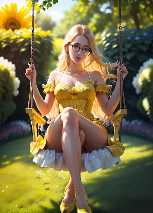 a realistic photograph, of a beautiful young woman wearing a yellow summer dress, full length body shot, head visible, legs visible, feet visible, sitting on swing, in a luxurious garden, round glasses, long blonde hair, summertime, sunlight is lighting the face, depth of field, in focus, matte painting, ultra realistic, concept art, elegant, ((intricate)), ((highly detailed)), depth of field, ((professionally colour coded)), 8k, highly detailed, correct human anatomy, happy, voyeurism, exhibitionism, perfect lighting, candid, depth of field, absurd res, highly detailed background, wide angle, sharp focus, five perfect fingers, long beautiful legs, yellow shoes