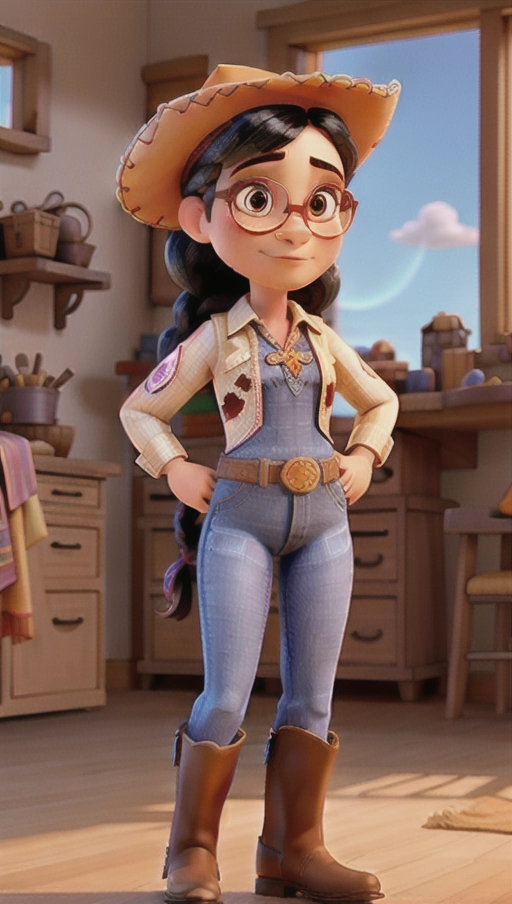 A cowgirl wearing Jessie from Toy Story clothes, black hair, braid, glasses, dark-brown eyes, tall