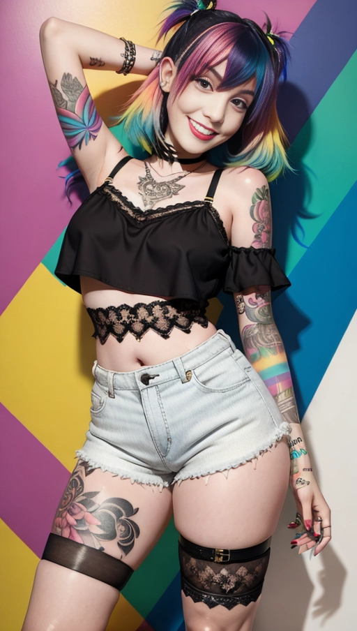 Exotic emo woman, rainbow hair, determined face, small breast, white lace bralette, thick thighs, thin waist, short shorts. High heels, tattooed, smiling