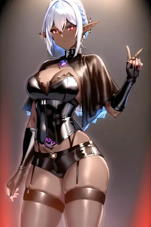 ((Pitch black skin)), dark elf woman, fantasy thief, cute face, shorts, corset, long fingerless gloves, ((brown leather stockings)), brown leather boots, blue cloak, jewelry, white hair, short spiky hair, red eyes, flat chest, slim athletic body, beautiful, athletic body, tattoos, beautiful face, ((high res)), ((4K)),