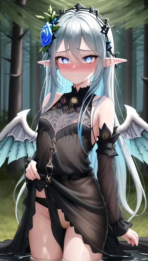 Female focus, perfect lighting, black angel wings, wings, an adventurer wearing brightly colored casual summer clothes, long blue hair, gold hair, masterpiece, best quality, emotional , embarrassed, best colors, 4K resolution, best colors, vibrant colors, deep colors, blushing face, submissive, submissive personality, shy, trembling, forest background, detailed background, great eyes, glowing eyes, very detailed eyes, beautiful face, forest leaf design on clothing, wet skin, glowing bright blue eyes, elf ears, world lighting, pine trees, aspen trees, grass, ground cover, bushes, wide shot, charcoal black sparkly wings coming out of her back, black angel wings, black rose flower crown. high contrast, phoenix