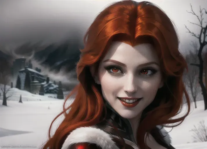 Sexy beautiful vampire adult auburn-haired Queen Anna of Arendelle rising from her mist enshrouded royal crypt on Halloween. Her red eyes aglow with unholy thirst as she bares her fangs with an alluring smile tainted with hunger. A thirst she seeks to quench as she sinks her fangs into the neck of her sister, Elsa of Arendelle. photorealistic. High resolution.
