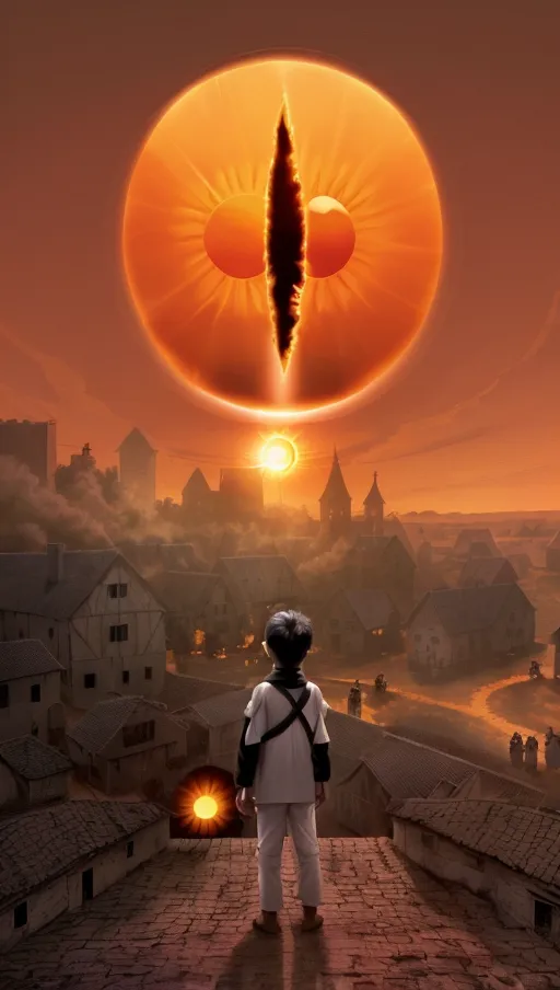 ((the sun in the sky has a thin black oval inside it)),
(The village beneath is on fire),
(A boy wearing white stares up at the eye in the sky),