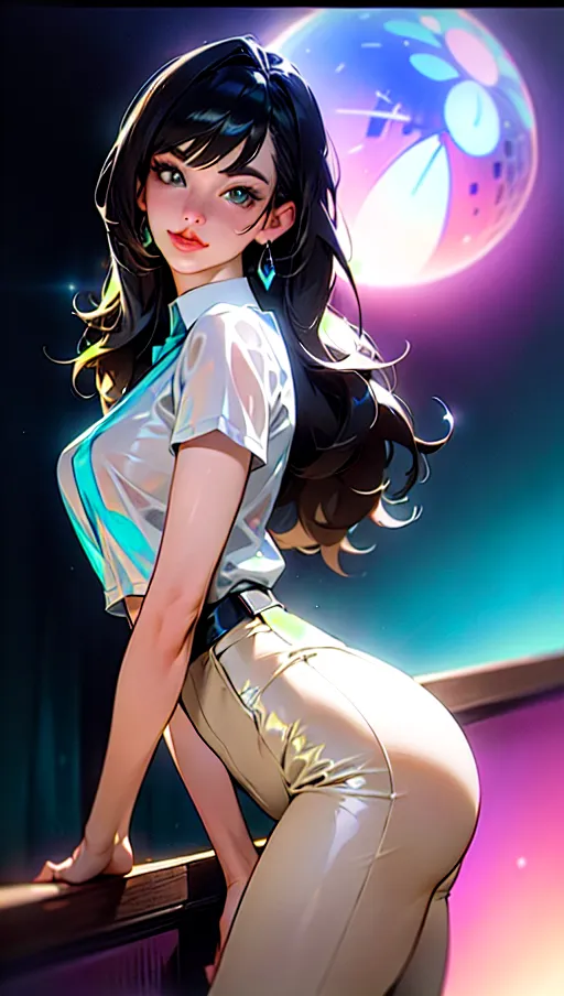 A professional photograph, a beautiful woman (20) in (a disco ((beige)) (see-through:1) trousers) and an (sequined ((white)) (see-through:1) shirt) is (waiting for a friend at the bar) in a night club, wavy black hair with (electric
blue highlights:1.3), (smiling:1.1), beautiful face, beautiful eyes, highly detailed, neon lights, Ball facet, vivid colours, motivated lighting, cinematic composition, UHD, HDR, highest quality, highest resolution, (photorealist:1.72),(photorealism:1.72), (masterpiece:1.18), --s 750 --v 5.2