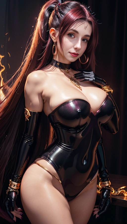 best quality, (((ultra high res))), (((detailed face and eyes))), (perfect face), big shining heart choker, earrings, jewelry, (((big glowing succubus mark))), ((((big glowing succubus bodymark)))), (((conjuring))), (witch), ((long voluminous hair)), (((black gloves))), ((brown hair)), straight hair, (((golden bracelet))), ((single ponytail)), (((huge hair cuff))), chains, ((skintight suit)), ((face closeup)), purple, (burgundy red lipstick), (((neckholder top))), ((((her hair is covering her body)))), (((straight hair in foreground))), (((long hair floating over her body)))