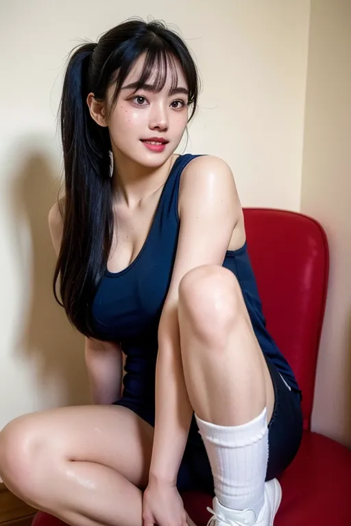 (best quality:2.0), (masterpiece:1.4), high resolution, (photo realistic:1.9), Korean sexy super model, perfect face propotion, nsfw, (thick sports shoes:1.2), navyblue sports wear, knee socks, thick eyebrow, (marble face:1.2), long neck, small lips, large hair band, full bangs, pony tail, ultra large sparkring brown eyes, double eyelids, cheek blush, round cheek, sexy posture, muscular long legs, cleavage, luxury chair, (shiny sweaty ultra pale skin:1.5), big coy smile, beautiful constriction, broad forehead, ultra detailed fabric, detailed skin, dropping eyes, luxury tile poolside,