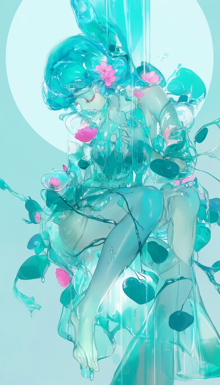 slime girl,
1girl, blue skin, see through, solo, barefoot, aqua dress, leaf, sitting, looking down,aqua hair, pink flower, bare shoulders, bare legs, full body, see-through, aqua theme, plantar flexion, detached sleeves, hand on own thigh, waterfall, long sleeves, liquid hair, long eyelashes, colored eyelashes, white eyes, sleeveless dress, aqua background, circle,
masterpeice, best quality, very aesthetic, absurdres