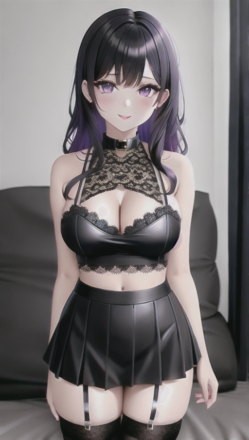best quality, high details, full body visible, wide shot, goth girl, black lace crop top, black lace mini skirt, black lace thigh highs, goth boots, black hair with violet strands, violet eyes, black eyeshadow, black lipstick