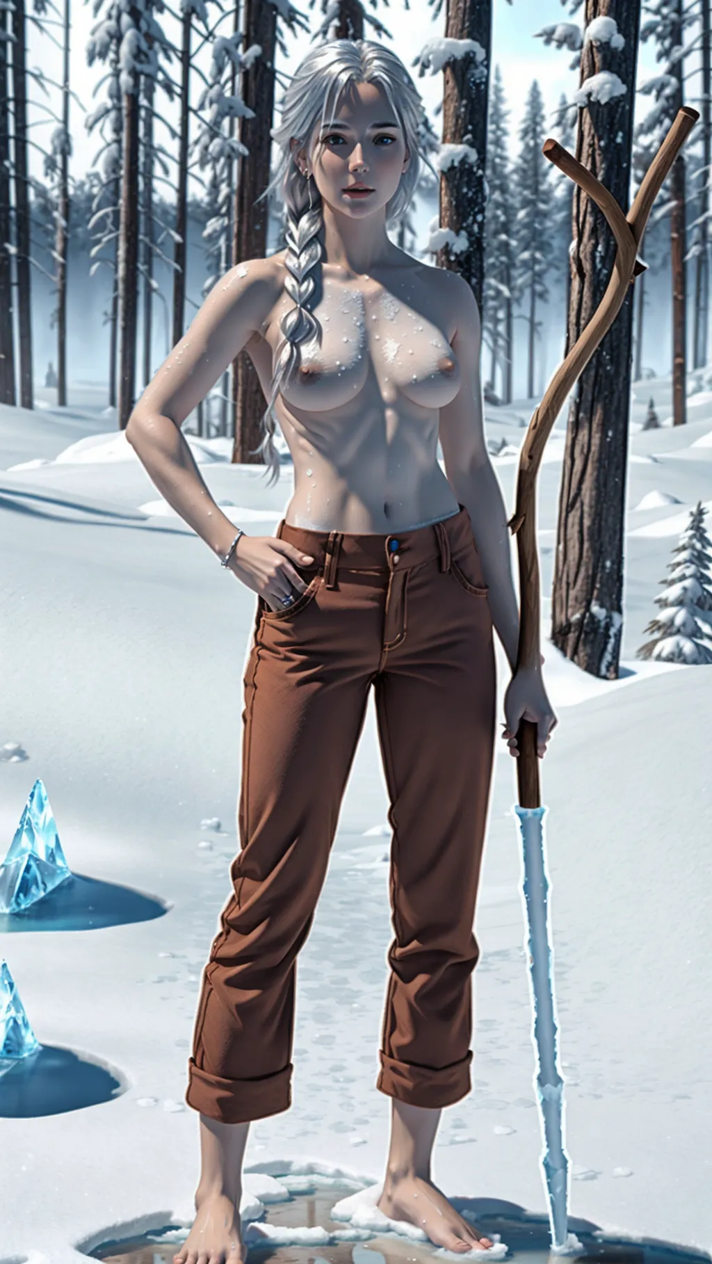full-body image of a topless female Jack Frost wearing brown capris pants while holding a wooden staff and standing barefoot in the snow with icy nipples, sexy feet, barefoot, icy nipples, icy nipples, brown capris pants, long silver hair, icy nipples, icy nipples, icy nipples,