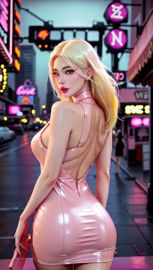 NSFW pos, 1girl, beautiful female, adult, 30, Korean, Square Jaw, Square Chin, Bleached Blonde Hair, Brunette Roots, Detailed Eyes, Detailed Pupils, Lipstick, Mascara, Round Ass, Toned Legs, Wearing a tight pink vinyl dress, standing outside a strip club, Neon Lights, Facing Away From Viewer, Nighttime, circa 1987, New York