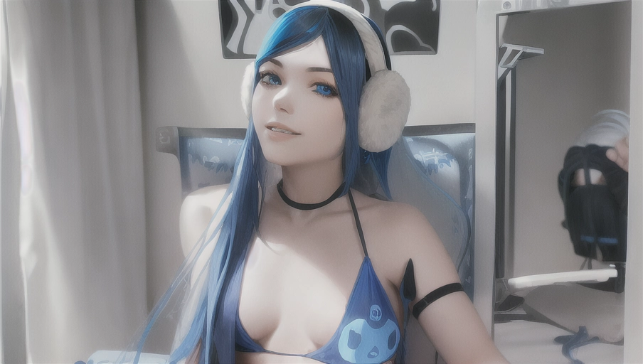 young woman with blue long hair and blue bikini, sitting on chair, no teeths, black fabric earmuffs, average tits, little make up