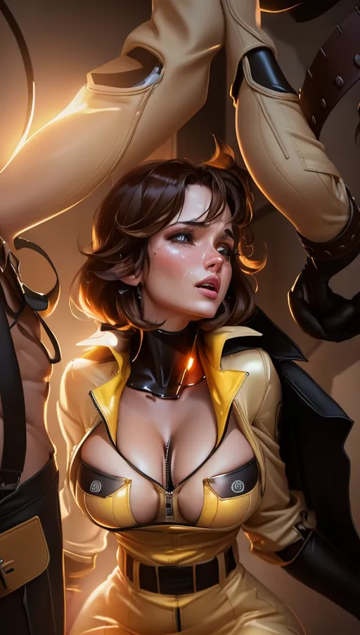 side photo of April ONeil in front of 2 big cocks drooling, Solo focus, beautiful, masterpiece, best quality, detailed face, long light brown hair, Wearing yellow journalist Jumpsuit, jumpsuit pulled down to her waist, half undressed, ((unzipped down to crotch)), ((showing breasts)), aroused face, breasts exposed, best quality, crying, scared, frightened, large breasts, dark sewers background, dark lighting, perfect face, cinematic, fine details, realistic shaded lighting poster by greg rutkowski, magali villeneuve, artgerm, jeremy lipkin and michael garmash and rob rey, stripping, undressing, take off jumpsuit, showing her breasts, ((stripping nude)) <lora:PovBentOverTable-v1:0.3>
