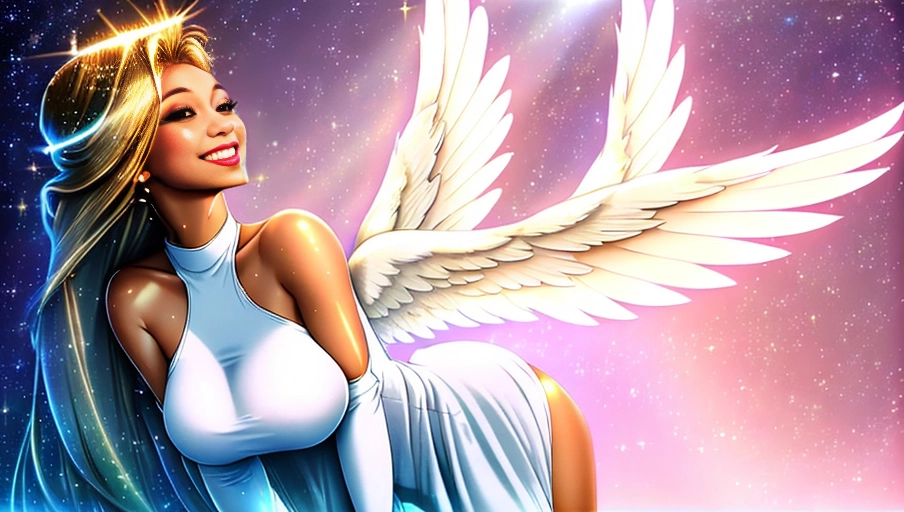 a 64k high detailed photo of body shot of straight Female Angelic HDR Professional ((In clothing))) ((Has Attire)) Godly Ultra Detailed Best Quality Most Detailed ((Angel Wings)) Angelic Lighting Love Hope Magic casting Crown Smiling Queen happy Glory Warrior Angels Angelics Positivity Happiness ecstasy enraptured sweaty saving God Royalty Morality Goodness True Good Power Force Authority Ethical Saviour Halo short Hair Always and Forever Sentimental in heat hot ultra hot best best lighting tantric Neutral Brilliant Logical Compassionate Perfect Perfection Exciting Integrity Winged Courage Purity Harmony Beauty mark on upper lip ((Female)) (Ethereal Lighting) (Celestial Lighting) (((With Clothes))) ((With God Item)) ((God Tech)) with items of power God Wings ((Afterlife Light)) (Perfect Tits) (Perfect Ass) (Love Worship) ((Happy Expression)) ((smiling)) AJH True Happiness (Pleasure) (True Love) ((Angelic Hair))