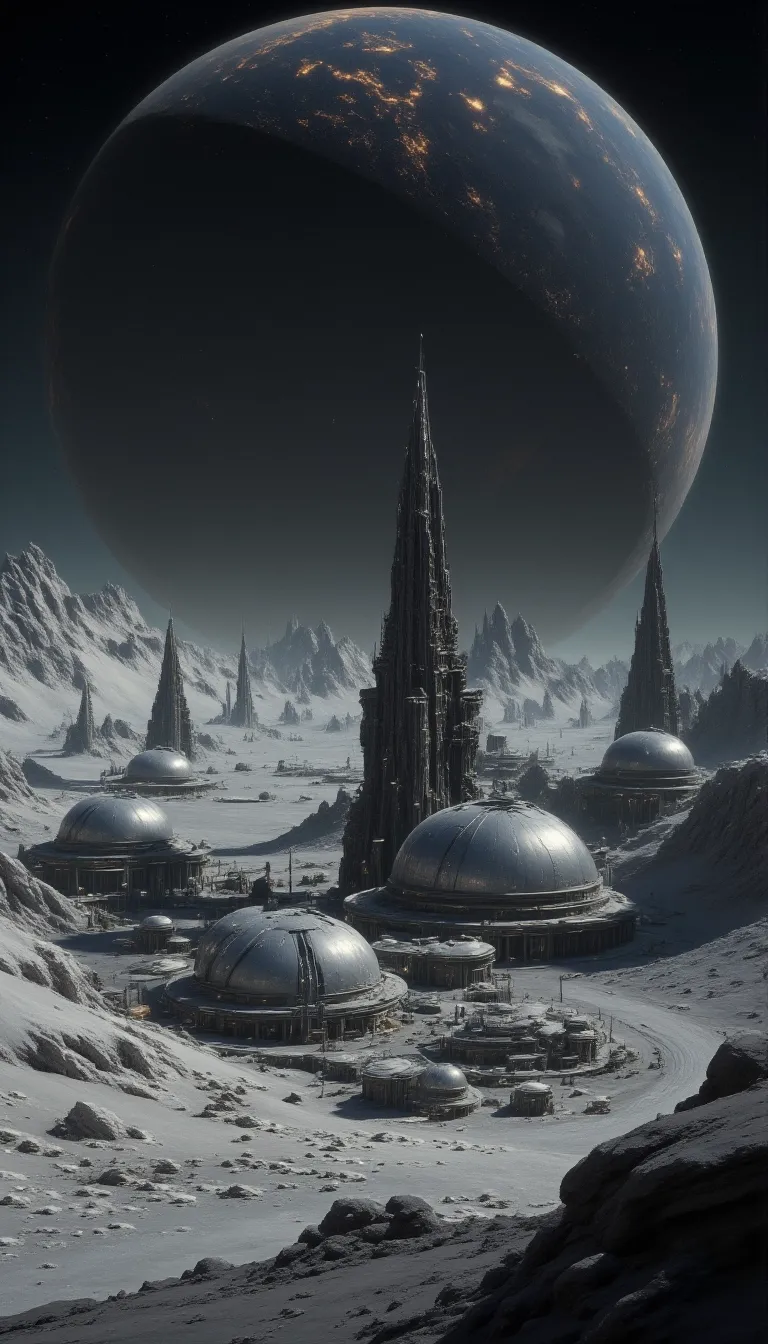 (8k, best quality, masterpiece, ultra high definition:1.2), masterpiece oil painting, landscape of a futuristic sci-fi moon base, gleaming metals and ceramics, cratered environment, domes, dusty, thin haze, a large unknown dark striped planet dominating the skyline