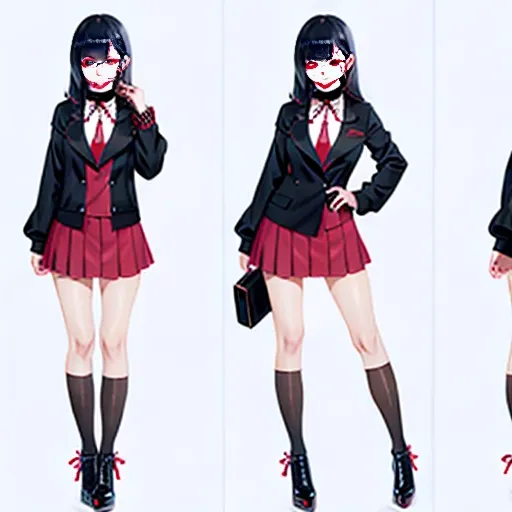 ((tokyo Ghoul)), slutty goth female, one eyed ghoul, one red eye, black frame glasses, pink lipstick, revealing blouse, short skirt, black choker, blood dripping from left aide of lip, long black hair, no bangs, ((full body shot)) from a distance
