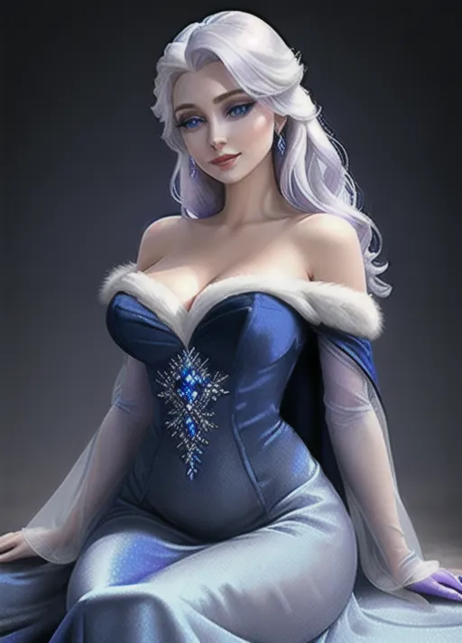 Beautiful glamorous sultry Queen Elsa of Arendelle with her sapphire eyes, purple eyeshadow, warm smile and platinum hair, in a dark blue velvet off the shoulder gown with white fur trim around the shoulders. dark blue light weight silk cape stemming from midway between her shoulders. a sprig of holly in her hair. photorealistic.