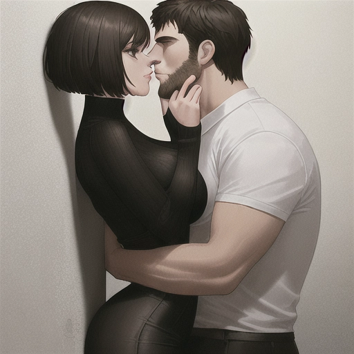 1Large handsome man with short hair holding 1female with short hair and small breasts against the wall, kissing passionately