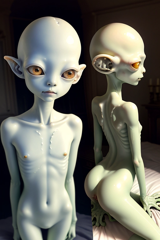 naked 18-year-old very slender young beautiful tiny gentle tree-frog alien Aria Haze in a dark ambient antique bedroom. Guillermo Del Toro film Pans Labyrinth style. she has smooth fair alabaster ivory skin, a huge bulbous bald alien head and a tiny body. she has beautiful huge black obsidian eyes. she is fingering her anus for me. rear view. realistic.