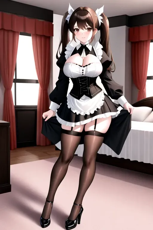 long brown hair, brown eyes, pale skin, giant breasts, gray maid uniform, showing cleavage, bedroom, pov, looking at viewer, miniskirt, black corset, black high heels, overlooking city, 4k, 25 years old, full body photo, pigtails