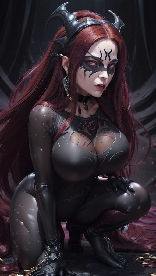 best quality, (((ultra high res))), (detailed face and eyes), (succubus), hearts, ((perfect face)), (necklace), (((big choker))), golden earrings, jewelry, gloves, ((gold)), (((big pink diamond diadem))), (big pink diamond crown), hourglass body, ((handcuffs)), handcuffed, ((((chained)))), (tied up), ((((black symbiote goo suit)))), ((((symbiote succubus)))), ((big cameltoe)), ((((burgundy red hair)))), ((((extremely long hair)))), ((((straight hair)))), ((black boots)), ((((black symbiote neckholder suit)))), (((black legs))), (((black gloves))), (((((very long voluminous hair))))), (((((hair raising succubus))))), ((((raising hair)))), (((((very voluminous hair))))), ((black symbiote hips)), ((black symbiote thighs)), ((perfect eyes)), ((((face closeup)))), (((black symbiote leggings))), (((corruption))), ((((burgundy red hair everywhere)))), ((huge tits)), ((huge boobs)), (((heart))), ((((black tight t-shirt)))), ((((black symbiote goo corruption face)))), (((symbiote girl masquerade)))