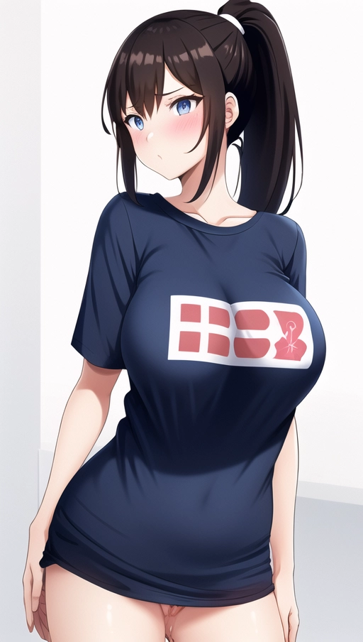 standing, 1girl, uncensored, penetration, cute face, brunette, straight ponytail, blue eyes, medium boobs, front view, large shirt