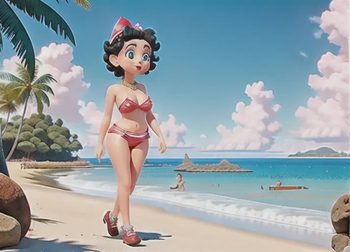 betty boop, naked, walking in a beach