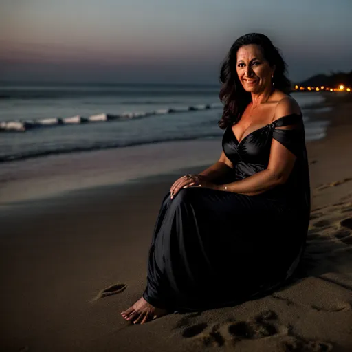 40 year old woman sitting on beach in black night gown,
