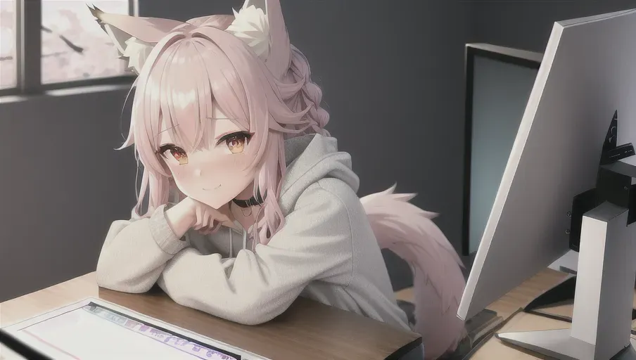 best quality, highly detailed, cute anime girl with wolf ears and fluffy wolf tail, braided hair, lewd face, shy, blushing, smile, misty eyes, solo at gaming computer desk, saliva, cute pastel casual silk shorts, perfect figure, absurd resolution, highly detailed background, vivid colors, world lighting, sitting back in gaming chair, casual baggy cream colored hoodie, masterpiece, realistic rendering, condenser mic on a desk mounted boom arm, audio interface, streaming equipment, wet panties, cherry blossom hair clips, pink choker, OLED computer monitor, RGB gaming equipment, drawing tablet, the desk is made of stained wood, night cafe vibes, vines bordering the window, cute anime poster on the wall, 8k, wallpaper