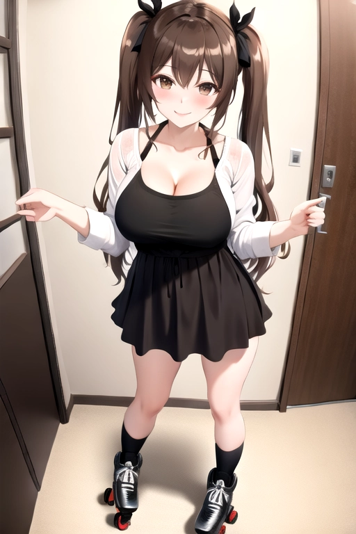 8k quality, brown eyes, pale white skin, brown hair, giant breasts, cleavage, looking at viewer, pov, long hair, wavy hair, standing in living room, minidress, roller skates, miniskirt, pigtails, full body photo, smiling