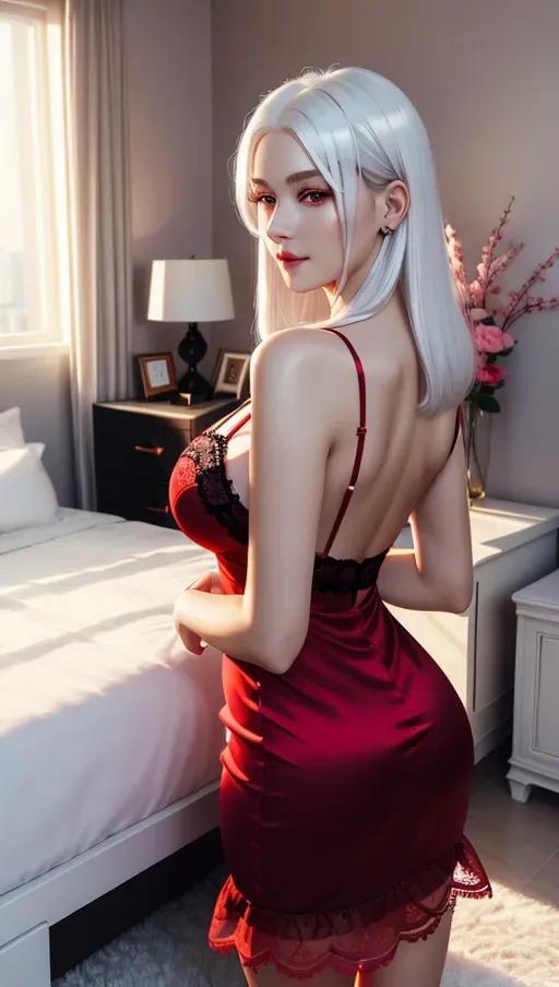 ultra realistic, highest quality, high angle, high detail photo of, bedroom, naturally lit, morning, 1girl, beautiful, elegant, large breasts, cleavage, short lacy blood-red dress, silky white hair, beautiful face, bright detailed eyes, from behind, standing, looking back over shoulder