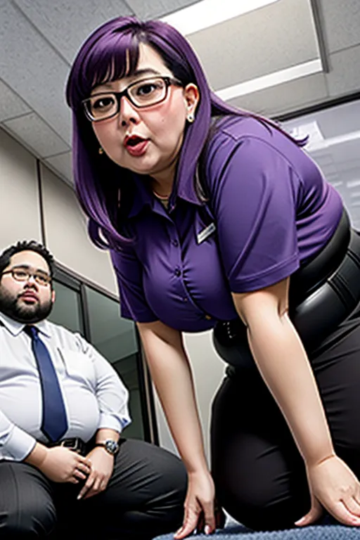 2 people, woman, pruple hair, secretary, woman, kneeling, blowjob, fat man, office, ugly, man, sex, from below angle,