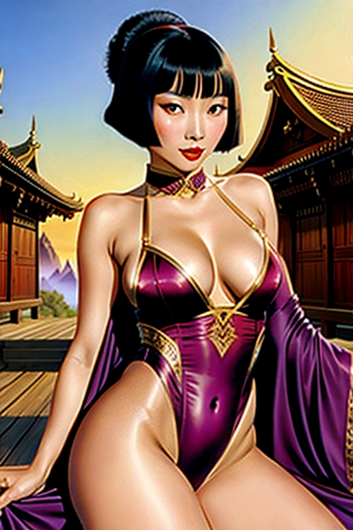 sensual fantasy artwork. close-up. a young, sorceress, features of Anna May Wong, (((in a sexy leotard))) (((full body and thighs visible))), in a town of exotic carved wooden houses. Winter setting