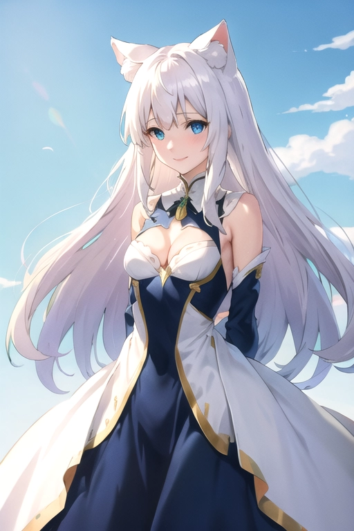 best quality, highres, ultra-detailed, neko, nekomimi, neko_ears, neko_tail, ((white_hair)), blue-green_eyes, upper_body, lower_body, small_breasts, cleavage, very_long_hair, (((detailed hands))), (((18))), aduld, highly detailed, wide shot, , (((correct anatomy))), blue_dress, (((long_dress))), ((wide_clothes)), ((small_thighs))), adventurer_outfit, thin, ((sfw)), safe_for_work, <lora:dpmg_violet_evergarden:1>, elegance, wedding_dress, snowy_landscape, happy_lofty_smile, ((arms_behind_back)), looking_at_viewer