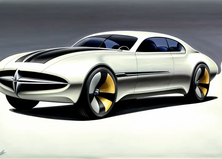 A rendering in airbrush, marker, and colored pencil, of the (full body view) of a sleek sedan concept car styled after cars of the 1940's