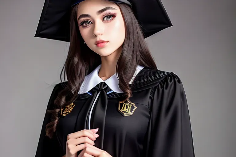 a 8k high detail full body shot of, Mila Azul, (((accurate face))), show full body, wearing a black school teachers mortarboard hat and black gown, five slender fingers, beautiful face, beautiful lips, detailed large eyes, curved eyebrows, studio lighting, professional, editorial, 8k, ((ultra realistic)), in a school class room