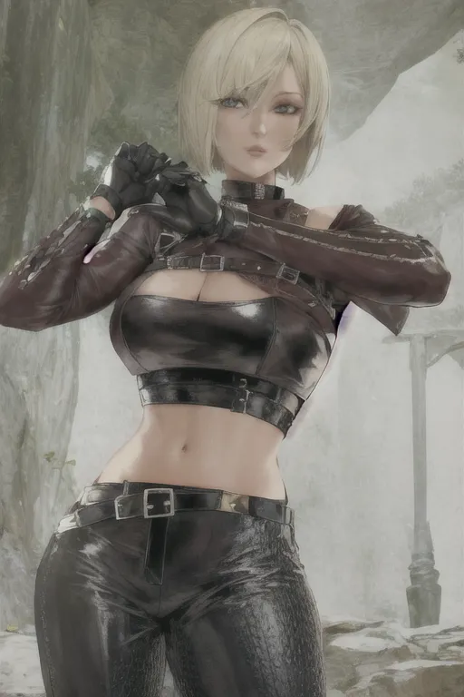 human female martial artist with short blonde hair bob cut wearing a crop top blouse and black leather trousers with straps