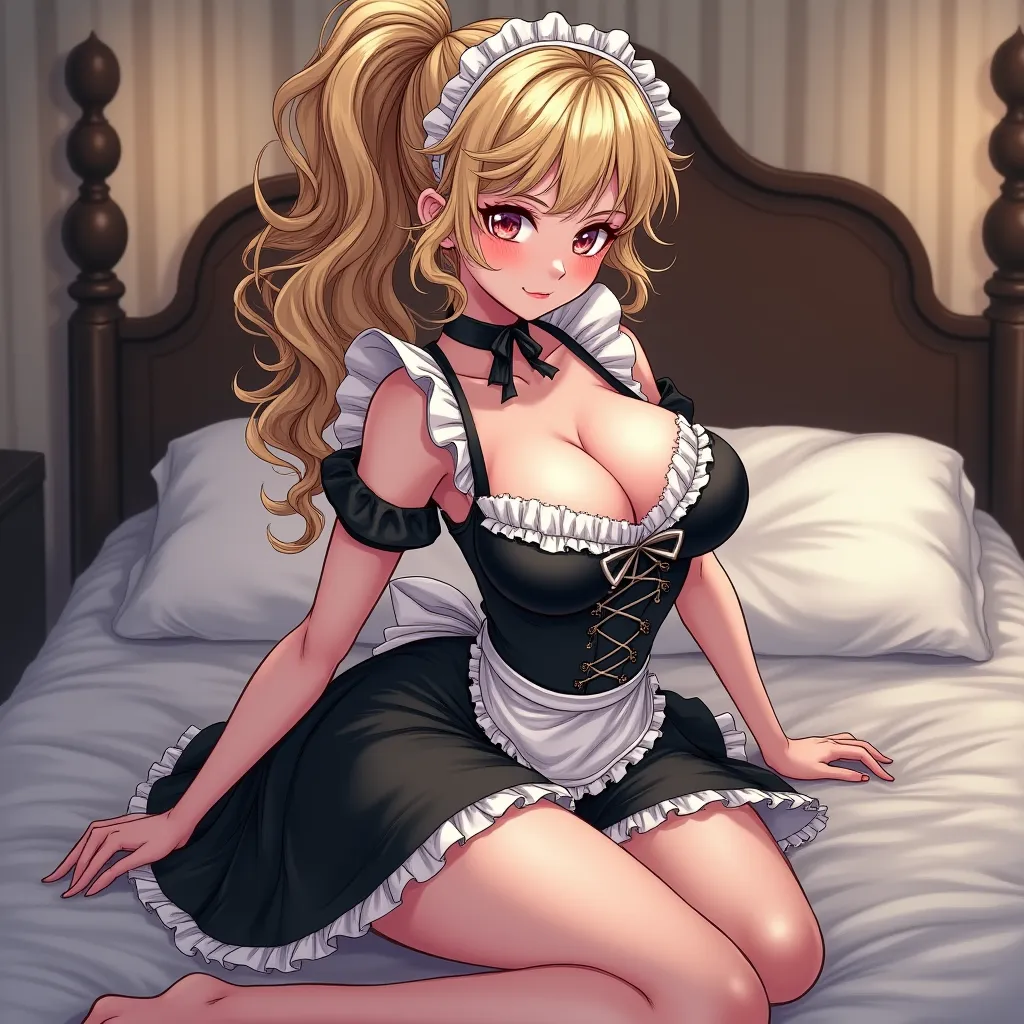 A sexy French maid wearing a frilly black dress in a seductive pose on a bed, ((huge breasts)), blonde curly hair tied into a ponytail, anime art style, ((wearing a frilly maid uniform)), ((very curly hair))