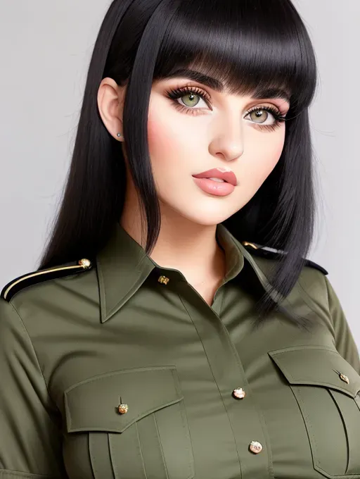 Gorgeous young Albanian woman, photo cute attractive young face, large wide doe eyes, light colored eyes, big plump lips, huge gigantic boobs, (gigantic tits), raven-black hair, bangs, sexy, thin, slim waist, tight olive-colored park ranger uniform shirt, photorealistic, best quality, ultra high resolution
