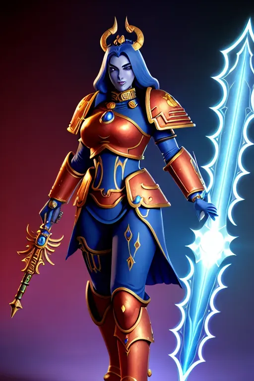 a digital art of, a female thousand sons space marine from warhammer, charming face, evil, chaos, psychic, blue power armor, magic staff, full body,lighting,8k,bokeh,surreal,professional