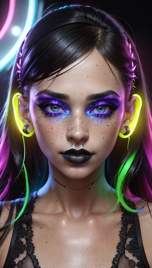 photorealistic, 8k, accurate face, (((detailed face))), (((replicate inspiration face))), freckles, black lipstick,
rave outfit, nightclub, neon, glowsticks, neon lingerie, music festival