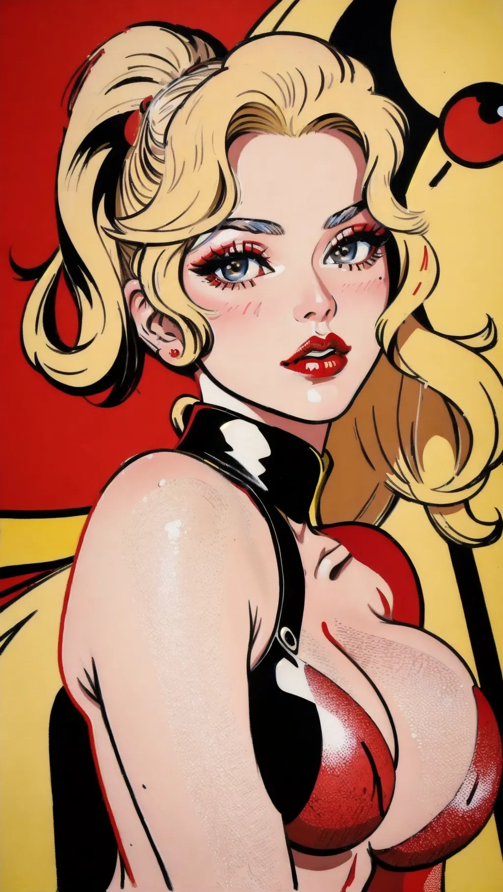 8k High resolution artistic painting by Roy Lichtenstein of Claudia Schiffer, nude, erotic, sensual, posing, seductive,
Wearing red lipstick, red lips,