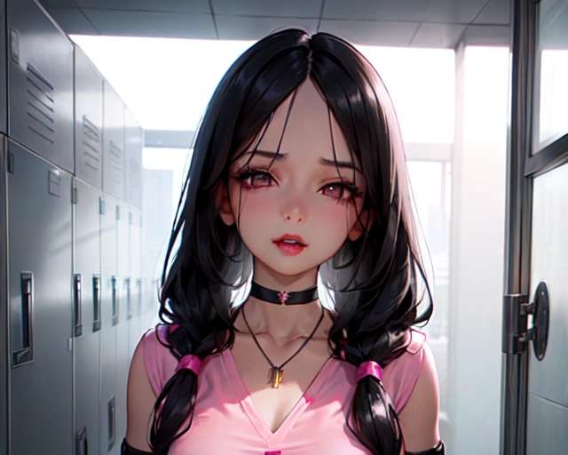 photorealistic, 8k, accurate face, (((detailed face))), (((replicate inspiration face))), full figure shot, shining eyes, female face, cute, 21 years old gorgeous, luxuriously long black hair, lipstick, bangs, small breasts, choker, necklace, pendant,
wearing pink scrubs outfit, in locker room,