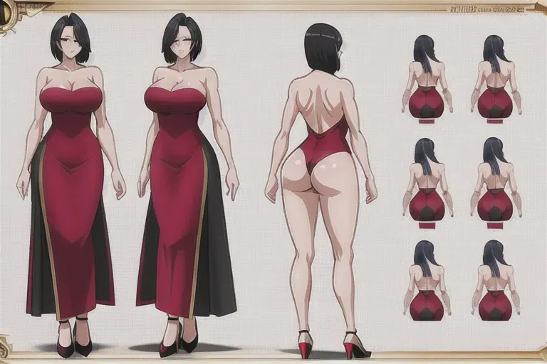 2d toon turnaround, character sheet, of female, mature woman, in her early 30s, full body view, standing straight, front view, side view, back view, face extremely detailed, 8k resolution, for printing, naked body straight body standing, arms in t-pose, character sheet model sheet, no heels