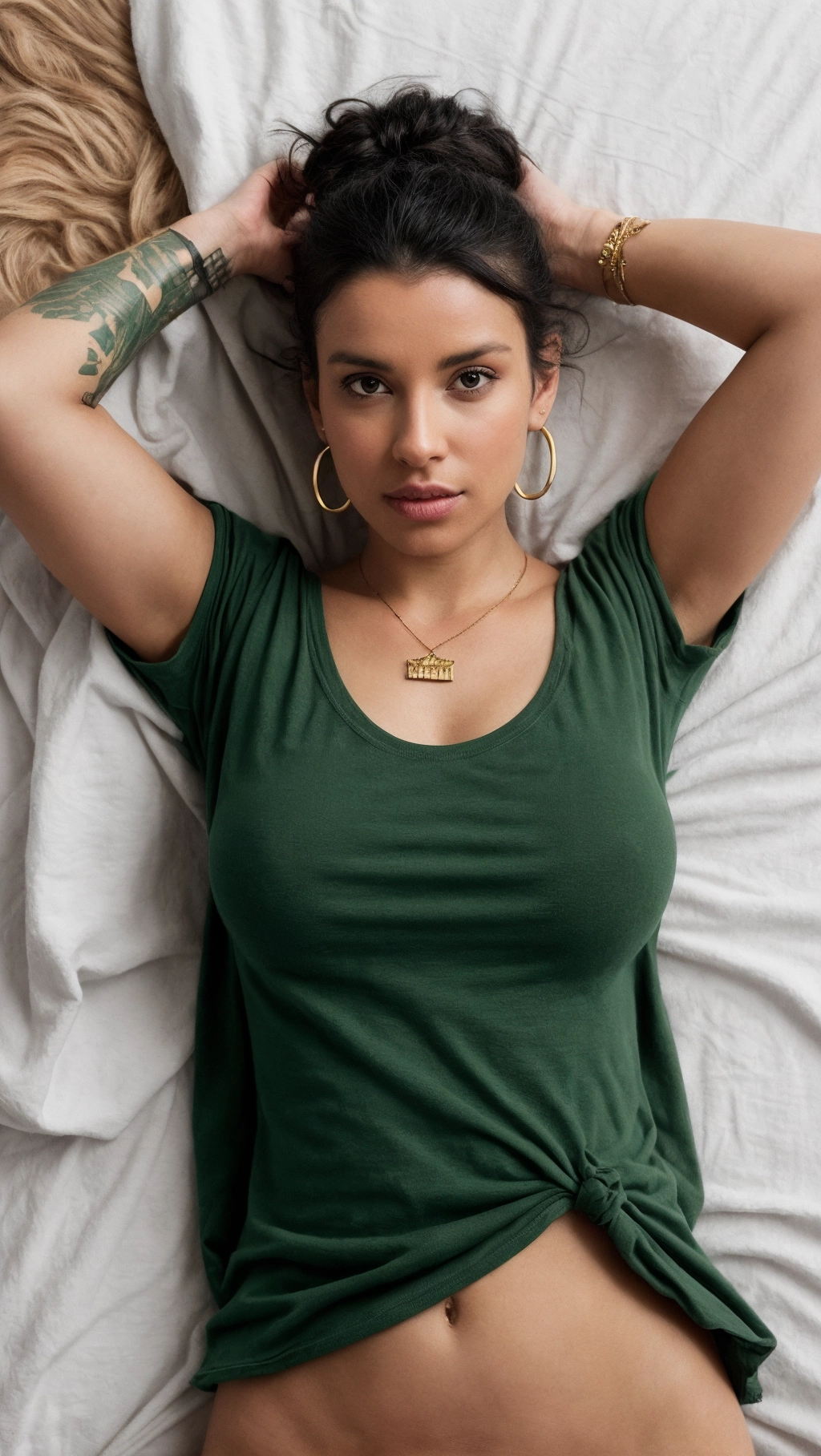 Create a photo for aspect-ratio of 9 to 16,
of a young solo Sinti Woman, close up, (((very low angle view))), hotel bed, Assessoirs, (in a shabby cleaning room bed), ((((lying flat on back)))), spreading legs, erected nipples,
round face, small body, thin body, ((very busty)), dark skin, dark eyes, dark hair in a messy updo,
pierced nose, nose ring jewelry, necklace, golden earrings, no makeup, skin with some freckles and moles,
((pulled off green t-shirt)), sneakers, undressing shirt, flashing boobs, shirt moved up above chest, (((naked)))