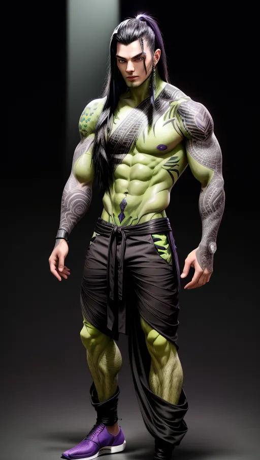 Muscular male, green skin, black tribal tattoos, long black hair, purple eyes, cheerful, gray shirt, gray pants, futuristic clothing
Fullbody view, masterpiece, absurdres, ((((solo focus)))), 8k, perfect edges, ultra realistic, perfect anatomy, low light, perfect face, fine details, realistic shaded, realistic body, photoshoot, male
<lora:dpmg_add_detail:1>
